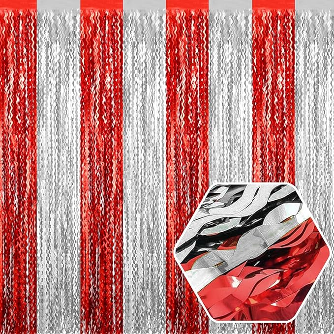 4 Pack Red Silver Wave Foil Fringe Curtain Backdrop, 3.28Ft x 8.2Ft Metallic by Ferwzsr