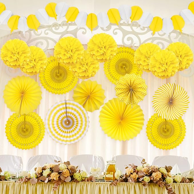 Yellow Party Decorations, Papar Fans Pompoms Fans Garlands - Image 7