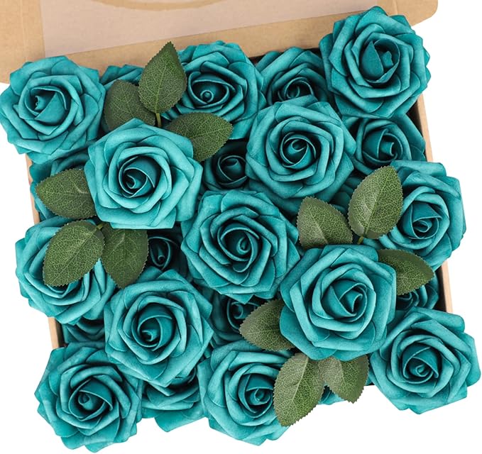 N&T NIETING Artificial Flowers Foam Roses 25 pcs Peacock Green Fake Roses w/Stem by NTNIETING