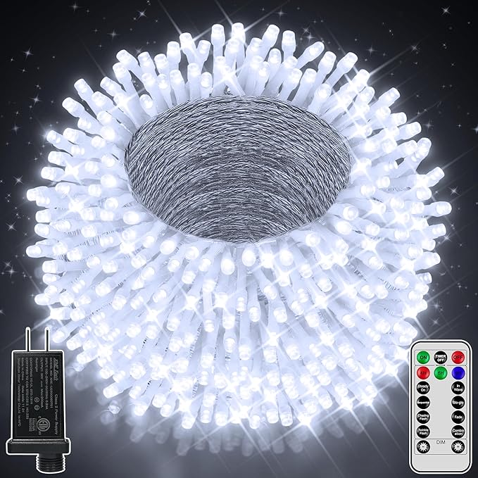 1000 LED 328 FT Christmas Light Outdoor, 8 Lighting Modes White String Lights by Ccinny