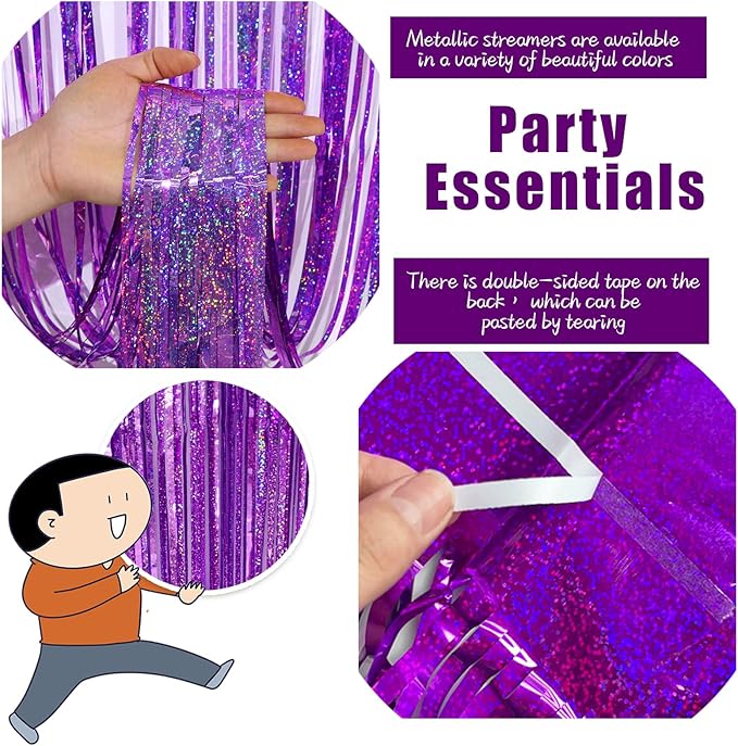 3 Pack Purple Backdrop Tinsel Streamers Foil Fringe Backdrop Halloween Party - Image 3