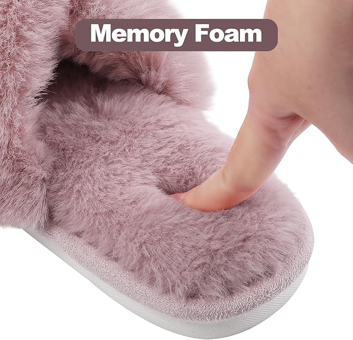Evshine Women's Fuzzy Slippers Cross Band Memory Foam House Slippers Open Toe - Image 4