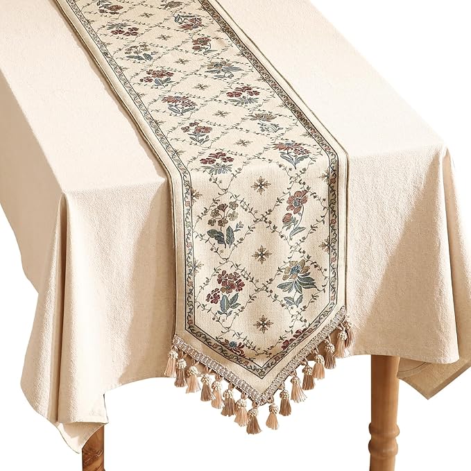 patdrea Designer Vintage Floral Linen Extra Long Table Runner 118 Inch Long by Welcometopatdrea