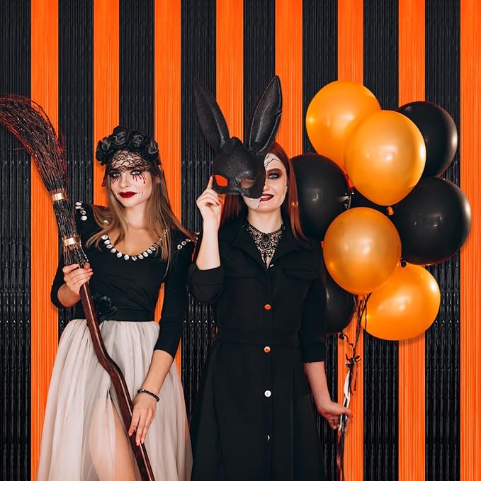 3 Pack Black Orange Foil Fringe Curtain Backdrop, 3.28Ft x 8.2Ft Metallic - Image 4