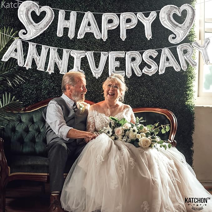 KatchOn, 18 Inch | Silver Happy Anniversary Balloon Banner | Heart Balloons - Image 2