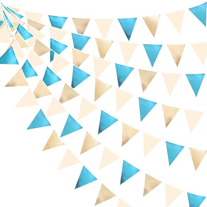 Champagne Gold Sky Blue Beige Decorations Metallic Fabric Triangle Pennant by pinkblume