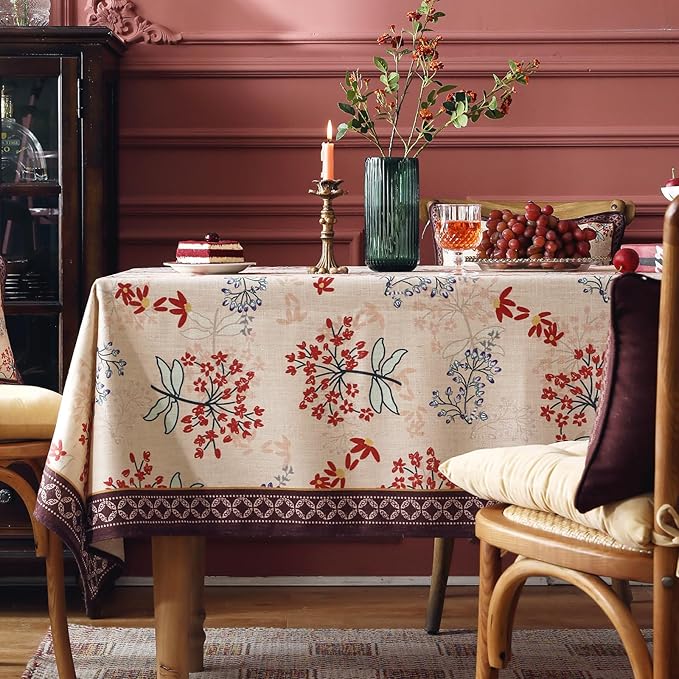 patdrea Designer Linen Extra Long Rectangular Table Cloth, Vintage Red Floral - Image 2