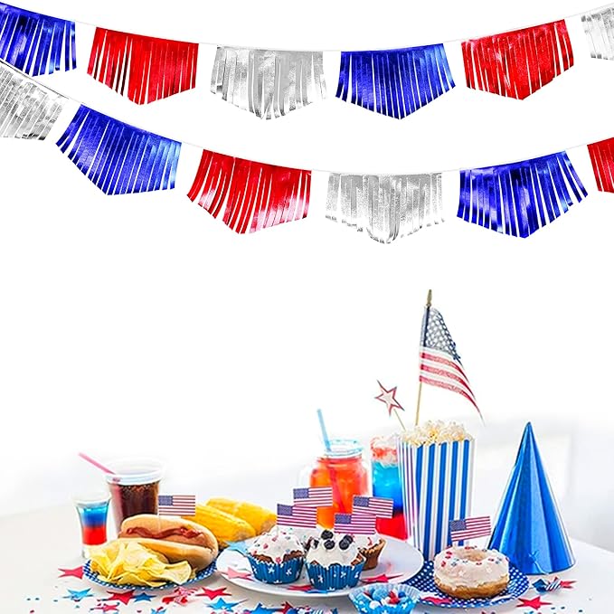 Blue Red Silver Tassel Banner Metallic Fabric Pennant Bunting Flag - Image 7