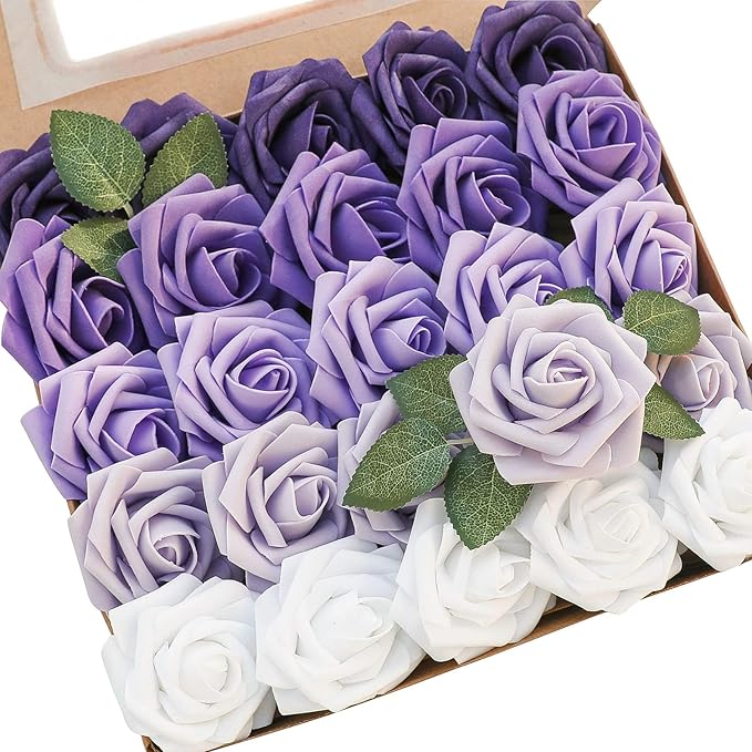 Floroom Artificial Flowers 25pcs Real Looking Violet Purple Ombre Colors Foam by Floroom