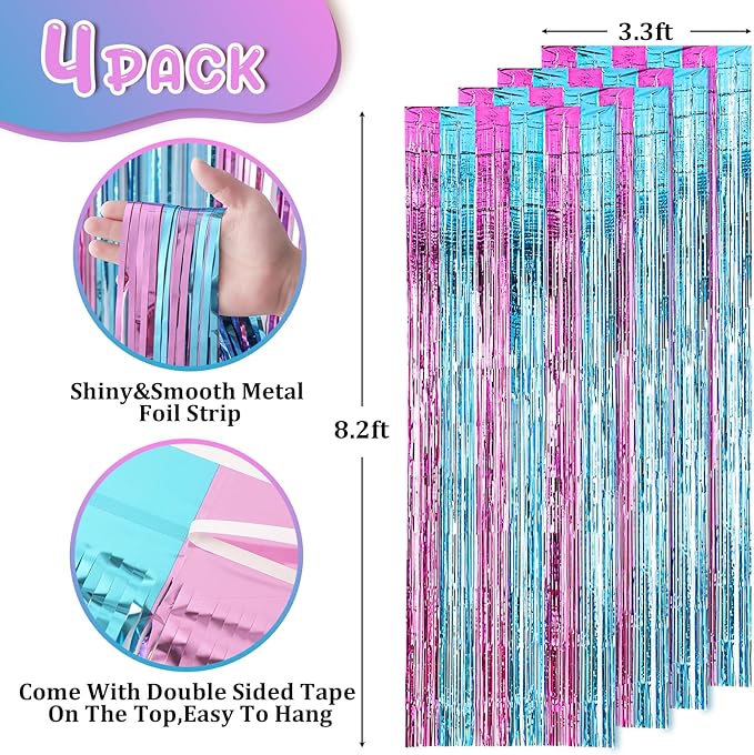 4 Pack 3.3x8.2 Feet Blue and Pink Foil Fringe Backdrop Curtains, Tinsel - Image 3