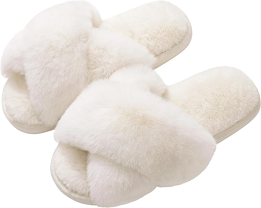 Evshine Women's Fuzzy Slippers Cross Band Memory Foam House Slippers Open Toe by Evshine