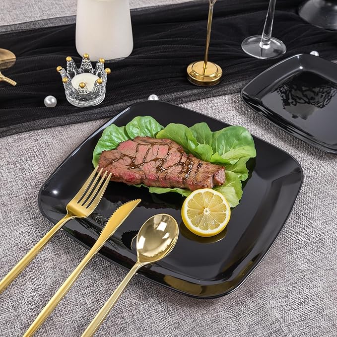 PULOTE 100 PCS Black Square Plastic Plates Disposable - Image 3