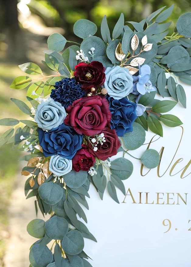 Artificial Navy Blue and Burgundy Wedding Arch Flower Swags Set of 2 - Image 3