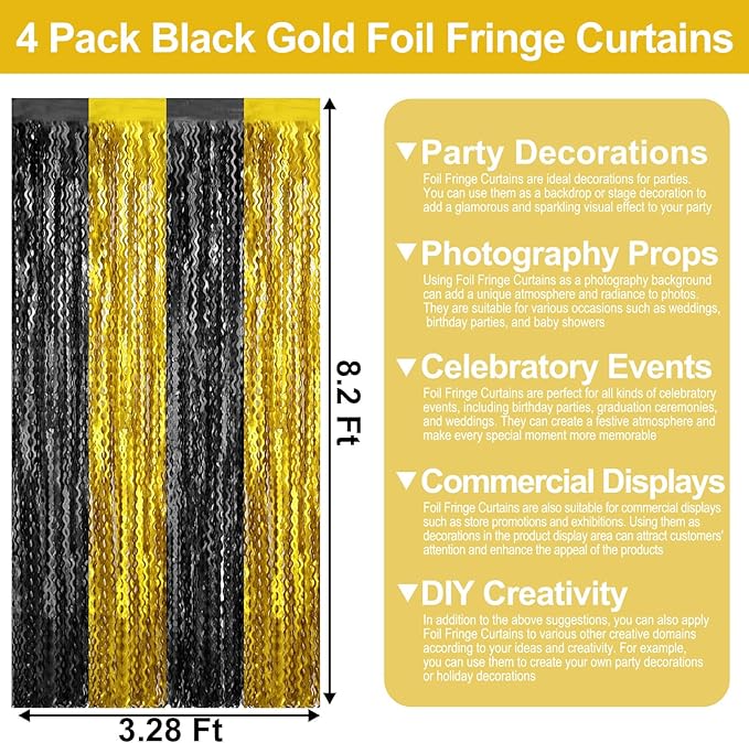 4 Pack Black Gold Wave Foil Fringe Curtain Backdrop, 3.28Ft x 8.2Ft Metallic - Image 2