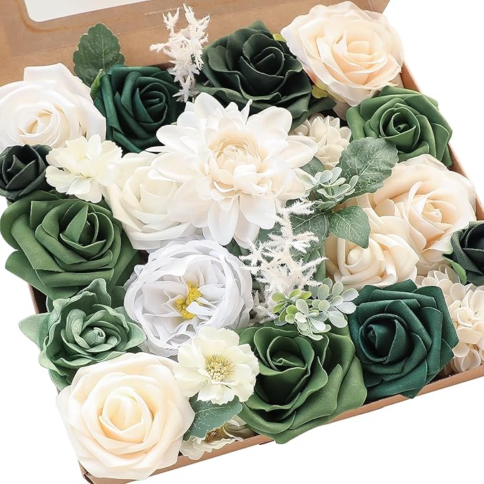 Floroom Olive Green Artificial Flowers Forest Green Fake Roses Peonies Dahlia by Floroom