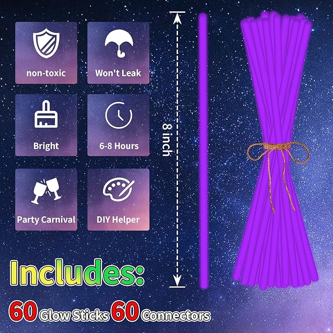 60 Pack 8” Purple Glow Sticks Bulk - Image 2