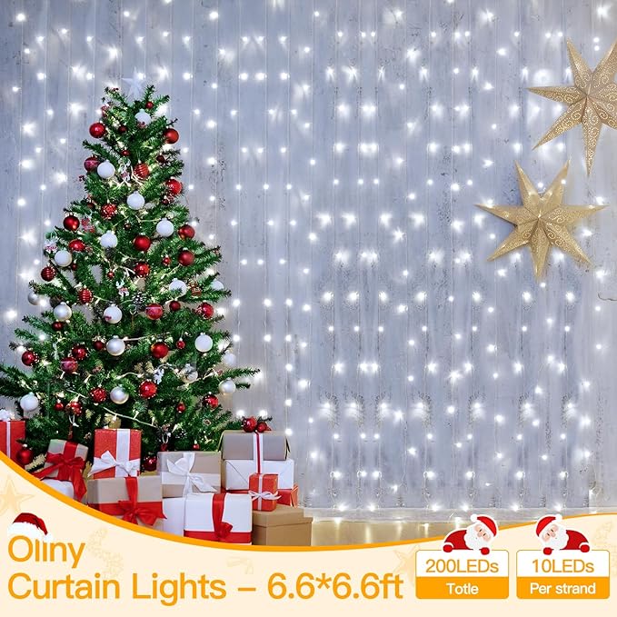 Ollny Curtain Lights 6.6x6.6ft, 200 LED White String Lights - Image 9