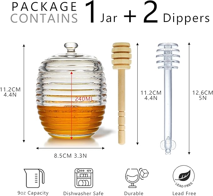 kanpura 9oz Glass Honey Dispenser, Glass Honey Jar - Image 3