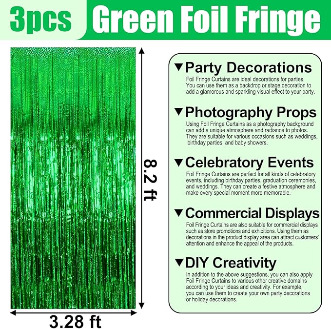 3 Pack Green Foil Fringe Curtain Backdrop, 3.28Ft x 8.2Ft Metallic Tinsel Foil - Image 2