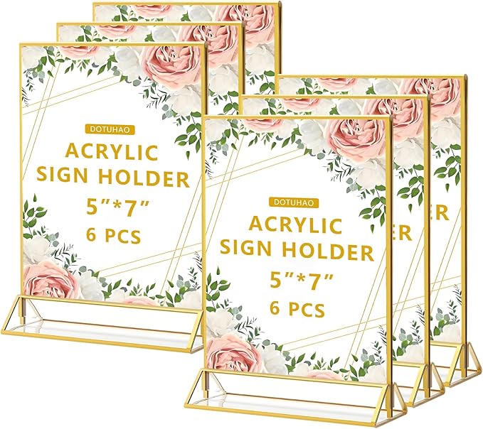Acrylic Sign Holder, 5 x 7 Inch Gold Frames, Double-Sided Display Stand Picture by DOTUHAO