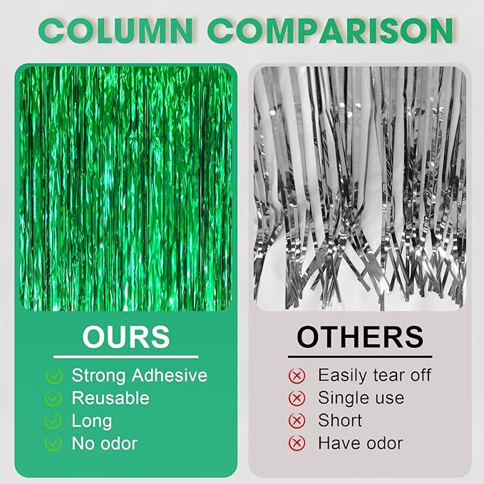 3 Pack 3.3 x 6.6 ft Green Foil Fringe Backdrop Curtains, Tinsel Streamers Party - Image 5