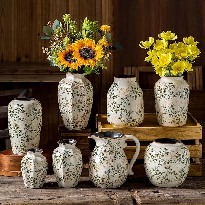 Vintage Pastoral Green and Beige Flower Vase, Ceramic Floral Vases, Retro Ice - Image 5
