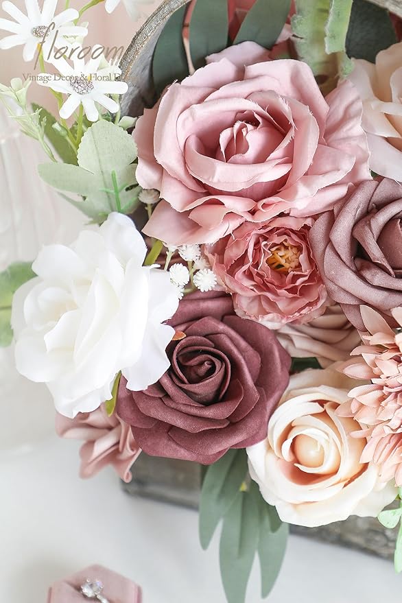 Floroom Dusty Rose Mauve Artificial Flowers Fake Roses Peony and Greenery Combo - Image 5