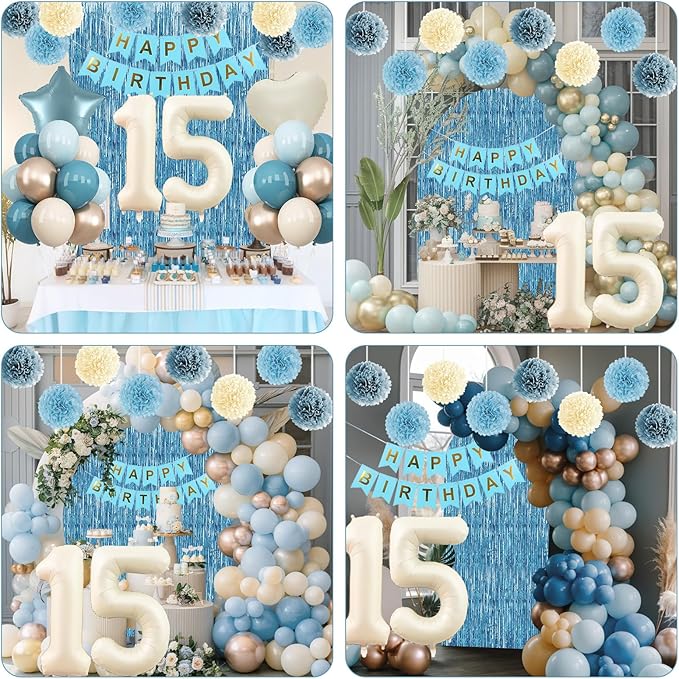 Dusty Blue 15th Birthday Party Decorations Boys Girls Beige Cream Number 15 - Image 7