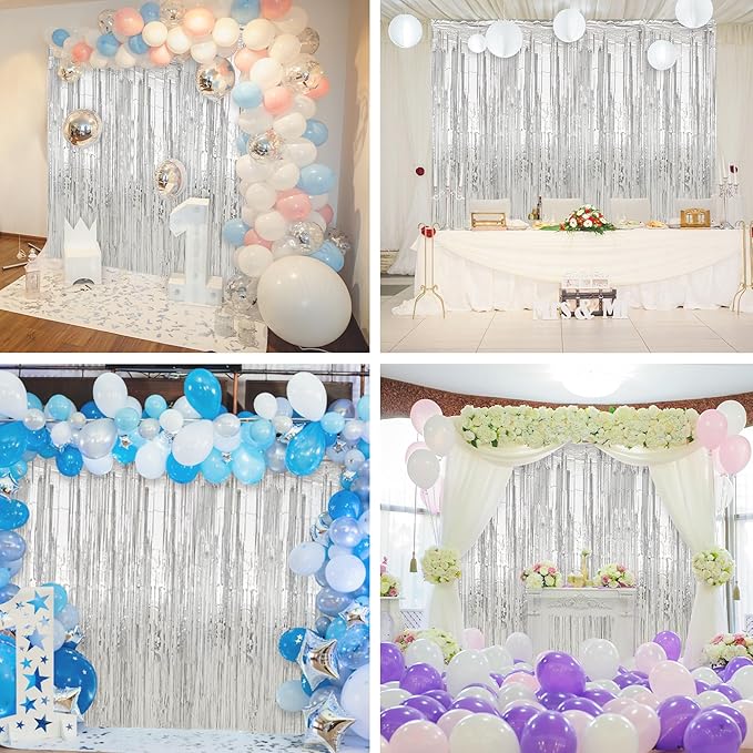 Crosize 7 Pack 3.3 x 9.9 ft Silver Foil Fringe Backdrop Curtain, Streamer - Image 7