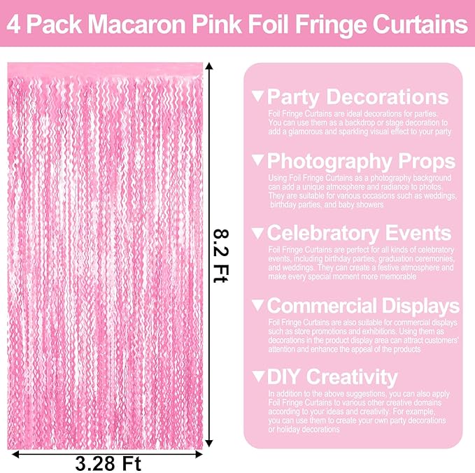 4 Pack Macaron Pink Wave Foil Fringe Curtain Backdrop, 3.28Ft x 8.2Ft Metallic - Image 2