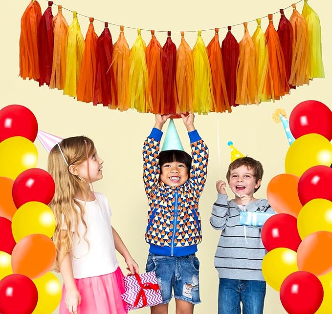 Red Orange Yellow Tissue Paper Tassel Garland, Tissue Tassel Banner - Image 3