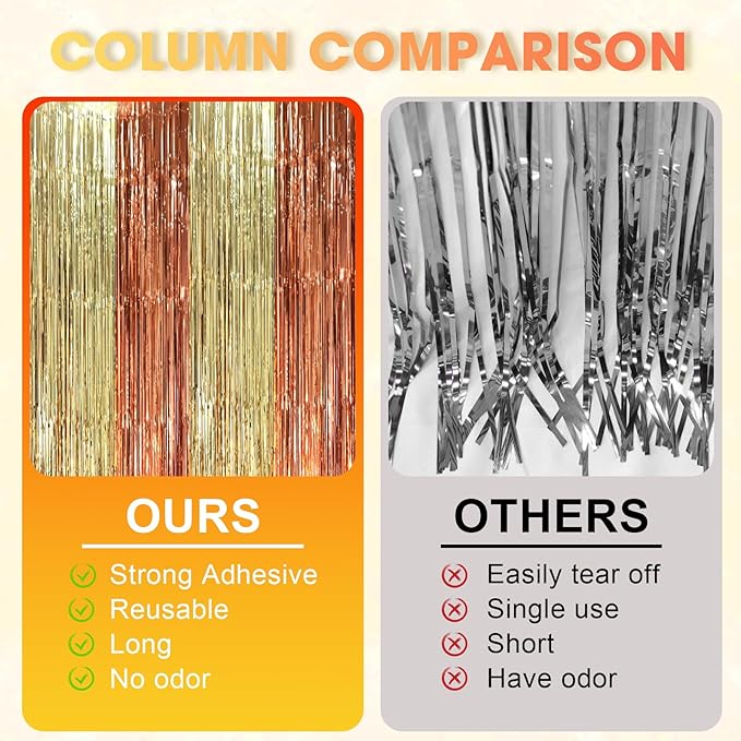 3 Pack 3.3 x 8.2 ft Rose and Champion Foil Fringe Backdrop Curtains, Tinsel - Image 3