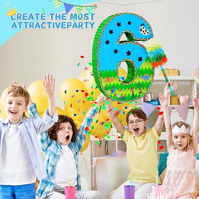 Number 6 Pinata for Birthday Party Decorations, Jungle Dinosaur Piñata Games Toy - Image 3