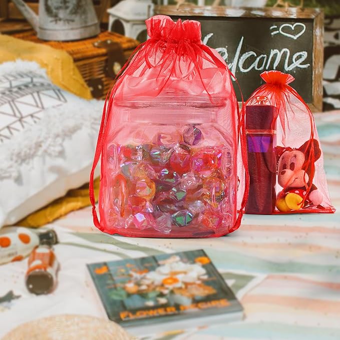 ANZNKU 50 Pack Red Organza Bags 6x9 inches Mesh Bags Drawstring, Sheer Mesh Bag - Image 5