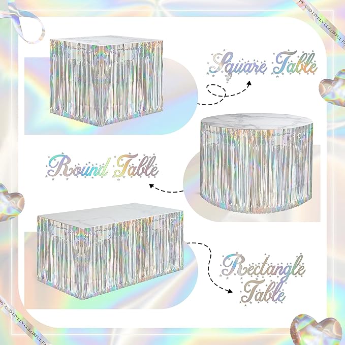 2 Pack Laser Silver Table Skirts, 29x108" Metallic Foil Tinsel Fringe Table - Image 4