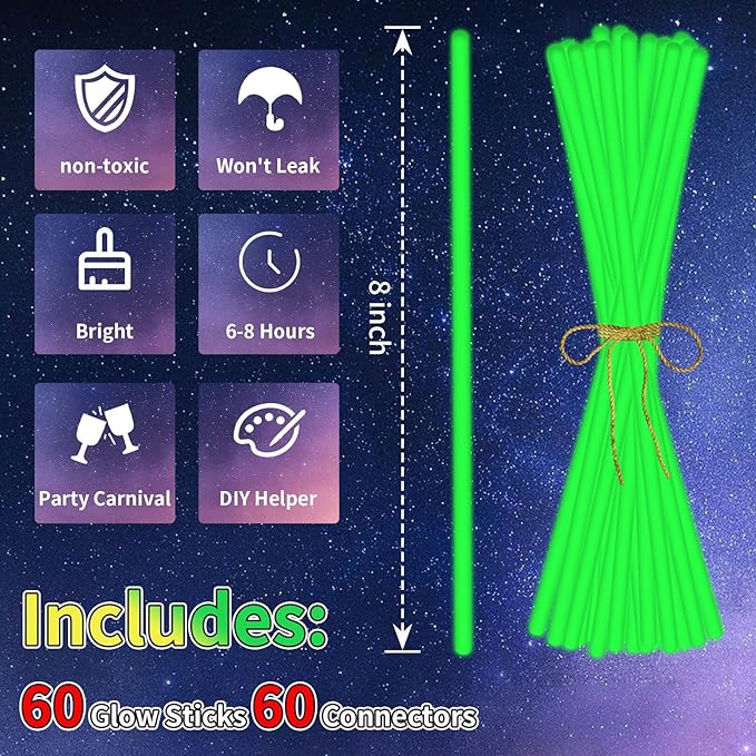 60 Pack 8” Green Glow Sticks Bulk - Image 2