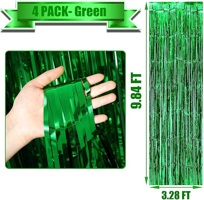 4 Pack Green Foil Fringe Curtain Backdrop, 3.3Ft x 9.8Ft Metallic Tinsel Foil - Image 2