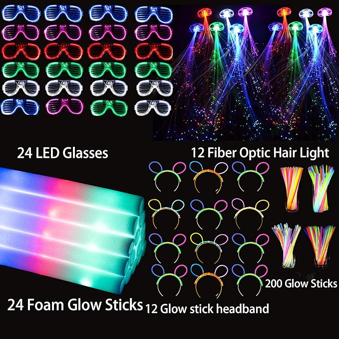 272 PCs Glow Party Supplies, 24 Foam Glow Sticks, 24 LED Glasses and 200 Glow - Image 2