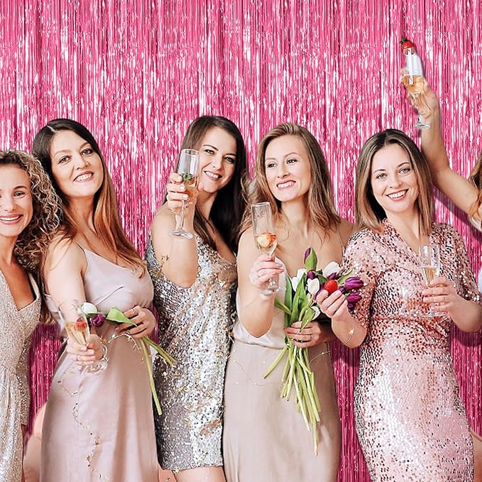 5 Pack Foil Curtain Backdrop Pink Metallic Tinsel Foil Fringe Curtains Photo - Image 2