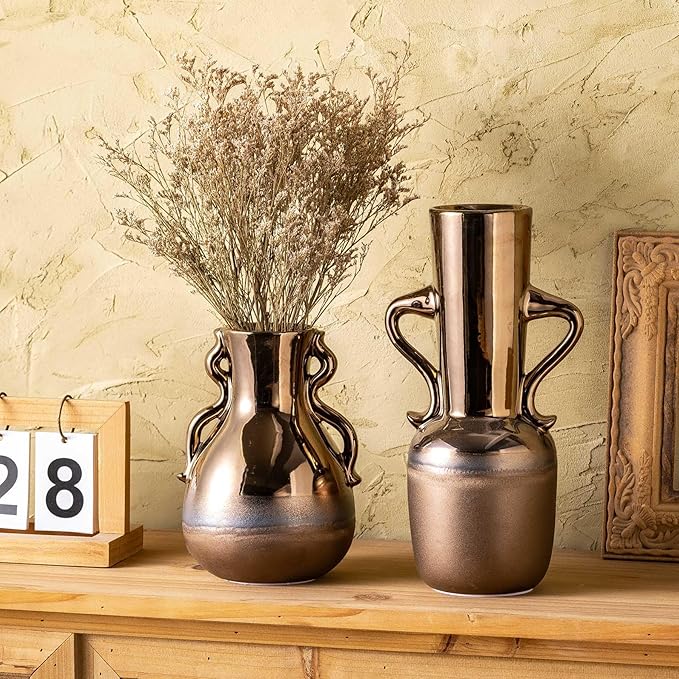 Gold Ceramic Vase with Handles, Modern Amber Brown Tall Centerpiece Floral - Image 2
