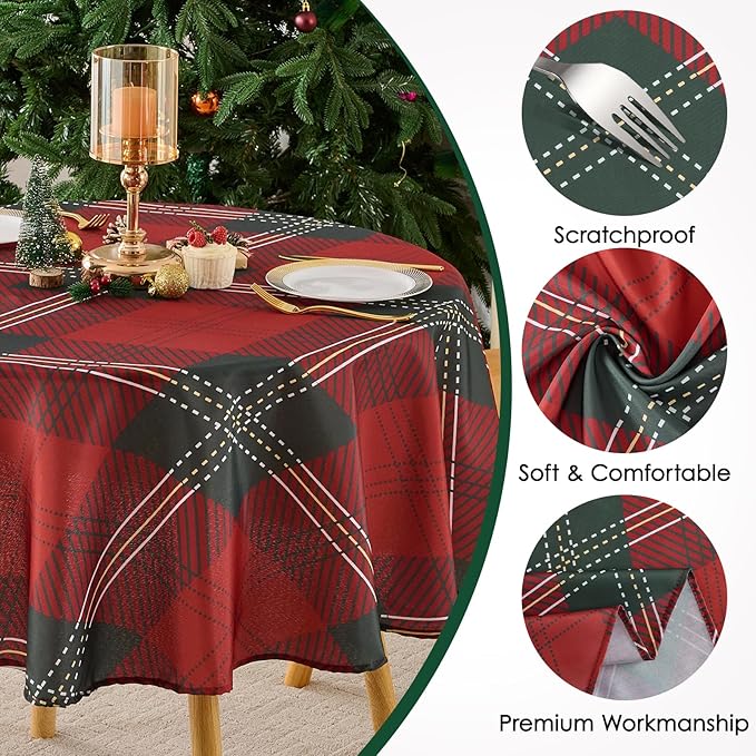 Christmas Tablecloth Round 60 Inch Waterproof, Machine Washable Checkered - Image 5