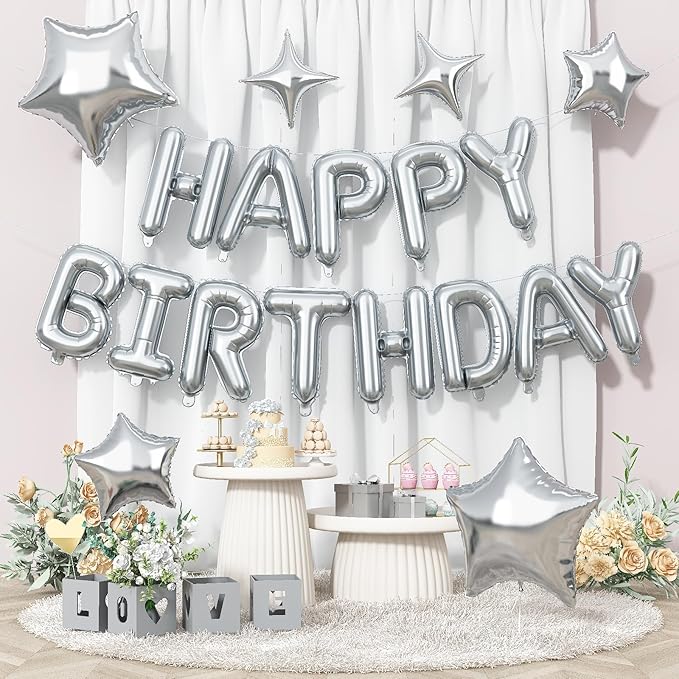 Silver Happy Birthday Balloon Banner, 16 Inch Mylar Foil Letter Balloons by Togvu
