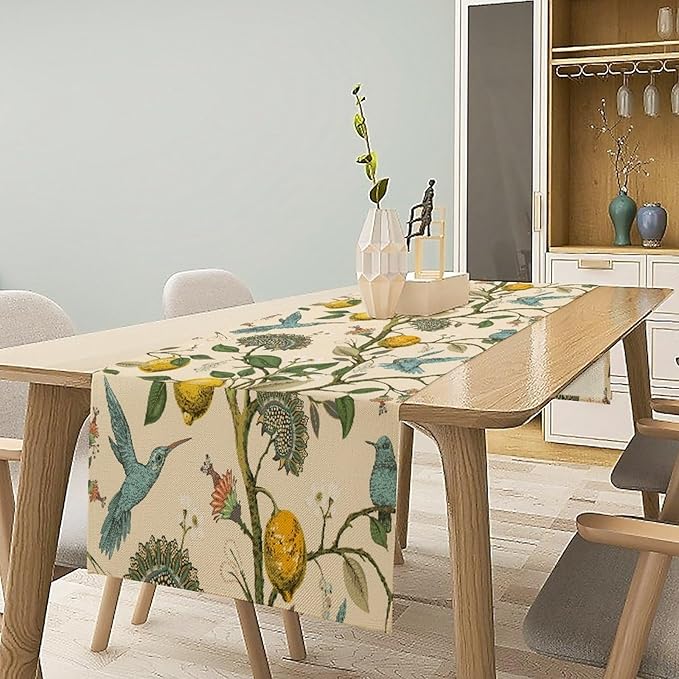 Table Runner with Flowers and Birds, Spring Plant Flowers Table Decoration - Image 3