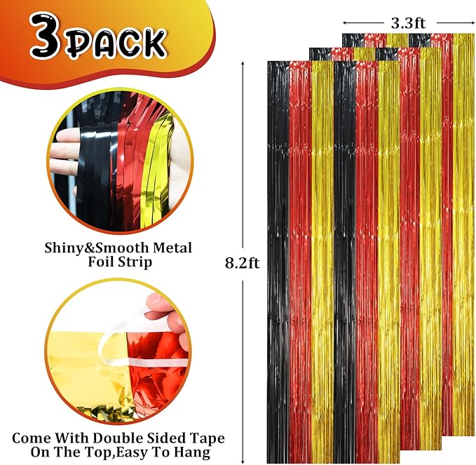 3 Pack 3.3 x 8.2 ft Red Black Gold Foil Fringe Backdrop Curtains, Tinsel - Image 2