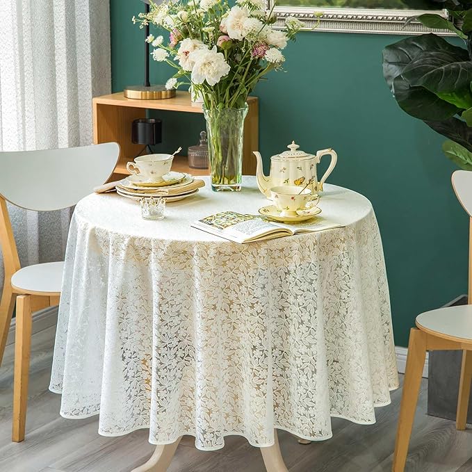 Lace Tablecloth Leaf Pattern Warp Knitting Fabric Solid White Round Table Cover - Image 7