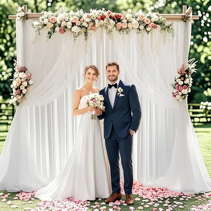 10 * 8FT White Pearl Tulle Double Layered Backdrop Curtain - Image 7