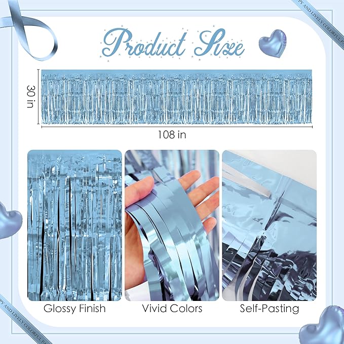 1 Pack Light Blue Table Skirts, 29x108" Metallic Foil Tinsel Fringe Table Skirts - Image 3