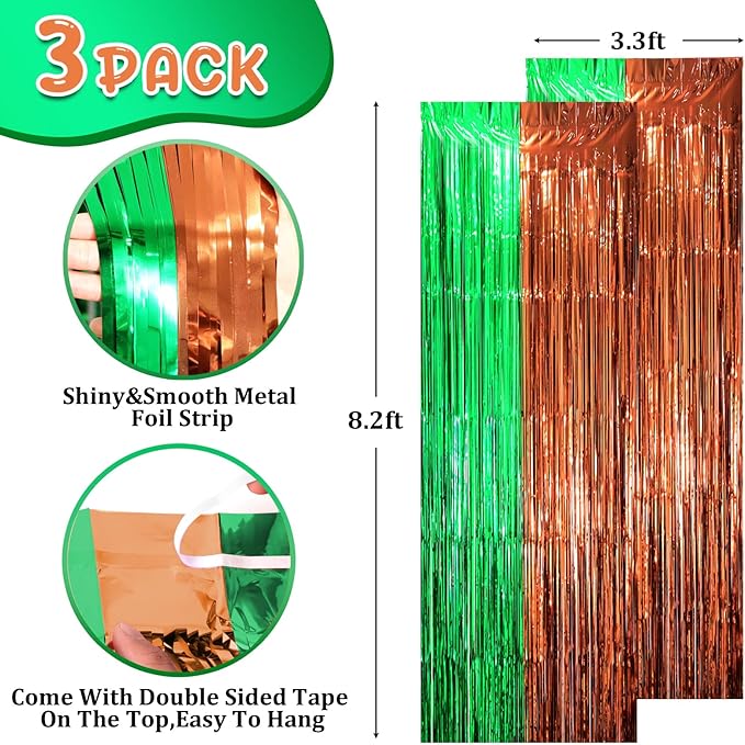 3 Pack 3.3 x 8.2 ft Green and Brown Foil Fringe Backdrop Curtains, Tinsel - Image 2