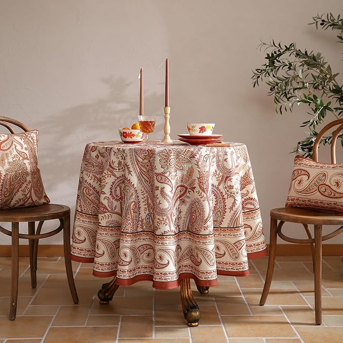 ISAENNE Designer French Red Round Tablecloth, Fall Linen Table Cloth - Image 2