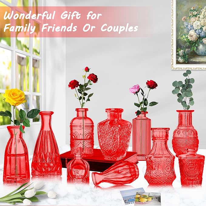 Red Glass Bud Vases Set, Crystal Mini Glasses in Bulk, Small Flower Design - Image 4